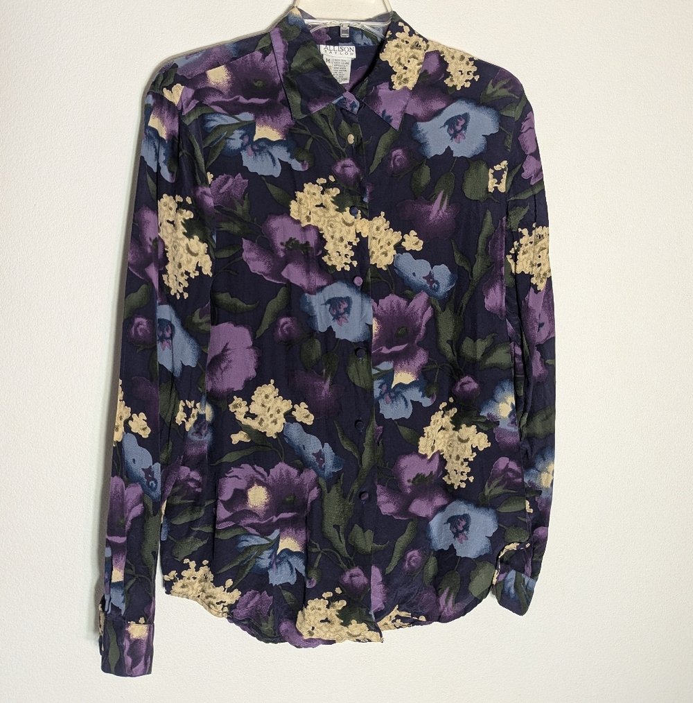 Allison Taylor Womens Top 100% Silk Dark‎ Romantic Floral Fairy Grunge Medium